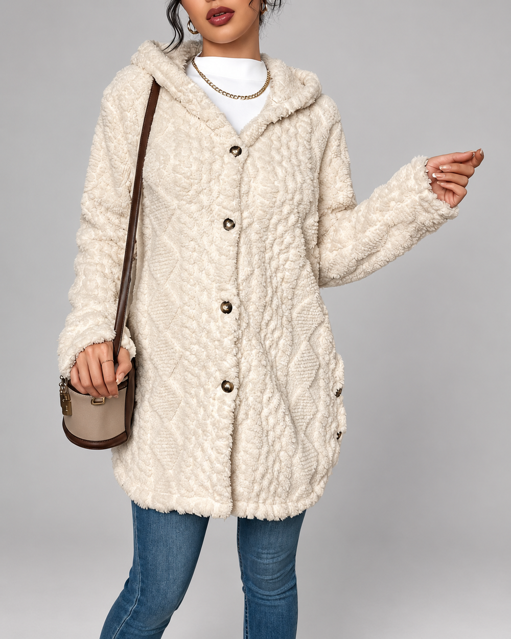 Lange Plüsch-Strickjacke mit Zopfmuster, Kapuze und Knopfleiste