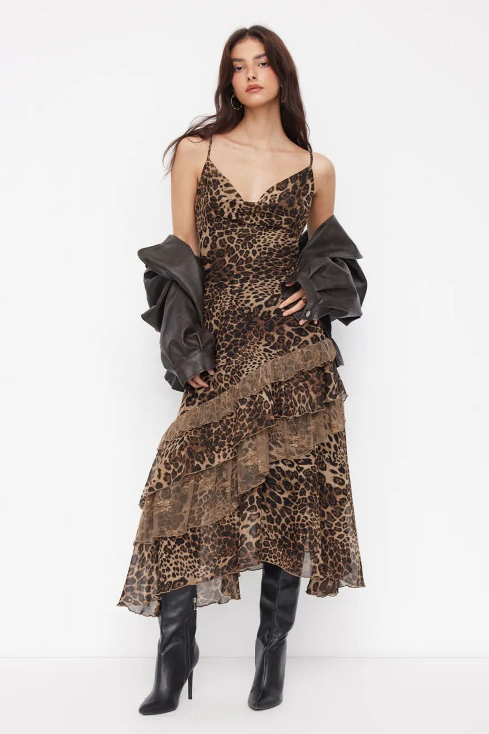 Maxikleid mit Leopardenmuster und Spitze