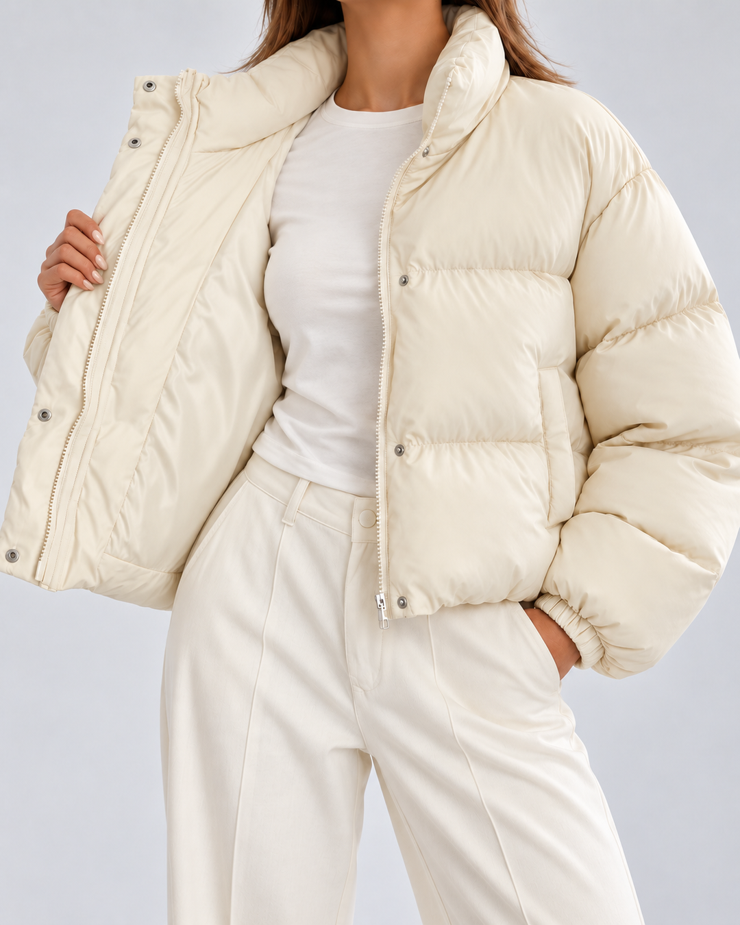 Kurze wattierte Oversize-Steppjacke mit Stehkragen