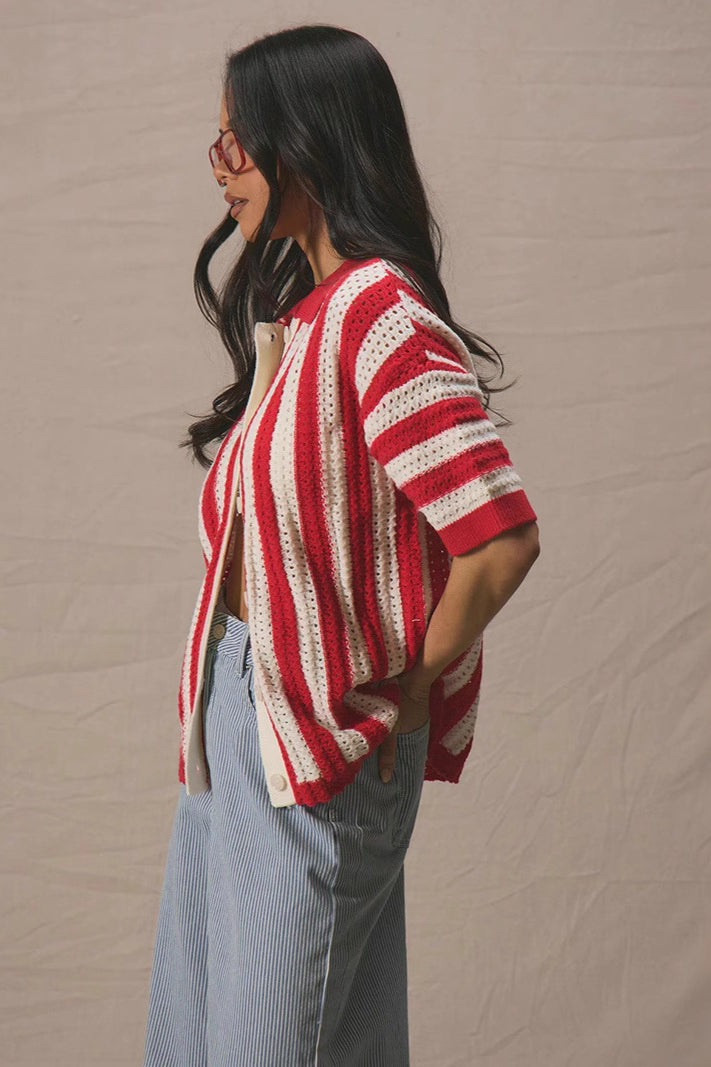 Strickjacke mit Streifenmuster, Farbblockmuster und Strickstruktur