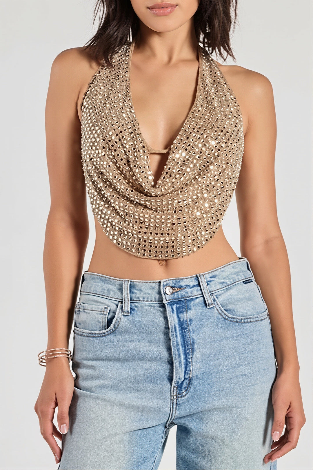 Top mit Neckholder, Netzdetails und Strass