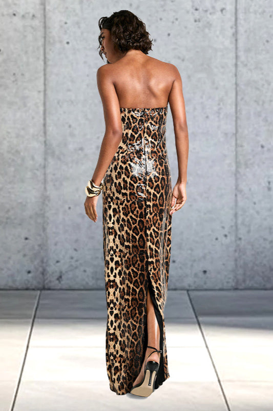 Trägerloses Maxikleid mit Leopardenmuster und Farbblockmuster