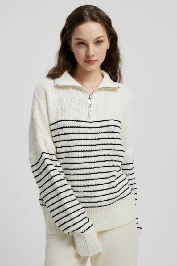 Pullover mit Reißverschluss, Streifenmuster und Farbblockmuster