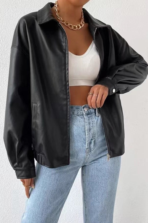 Jacke mit Reißverschluss und Leder in Schwarz