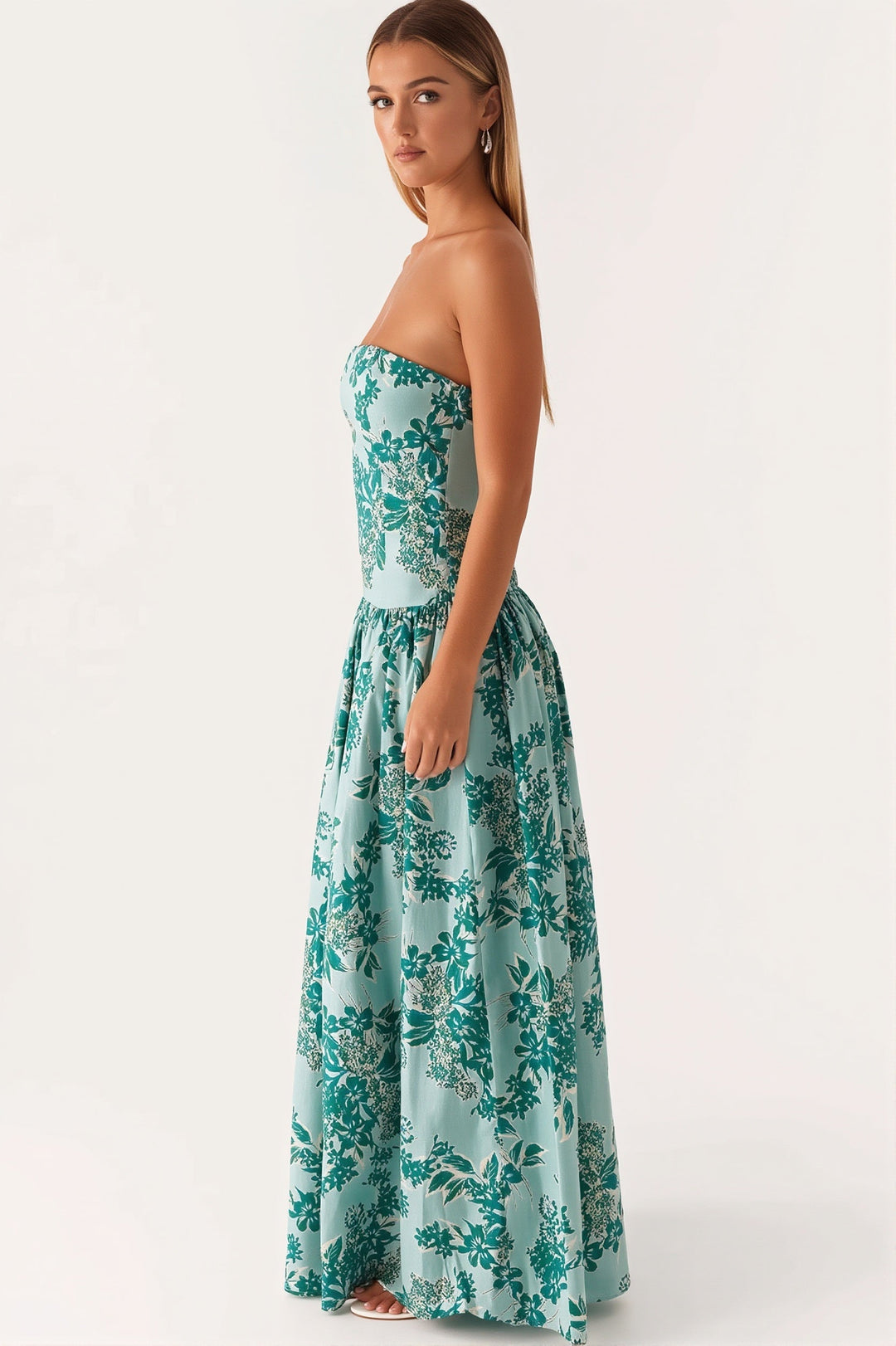 Trägerloses Maxikleid mit Druck in Grün