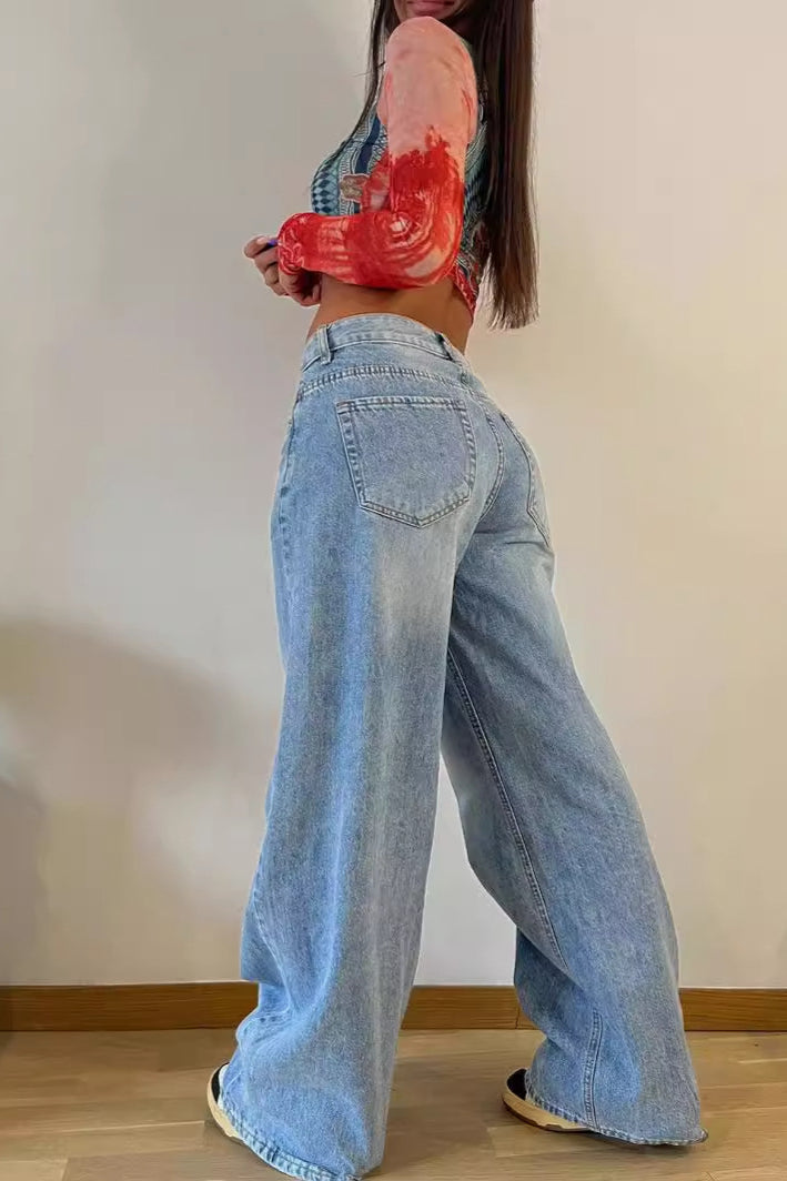 Jeans mit weitem Bein und hoher Taille in Blau