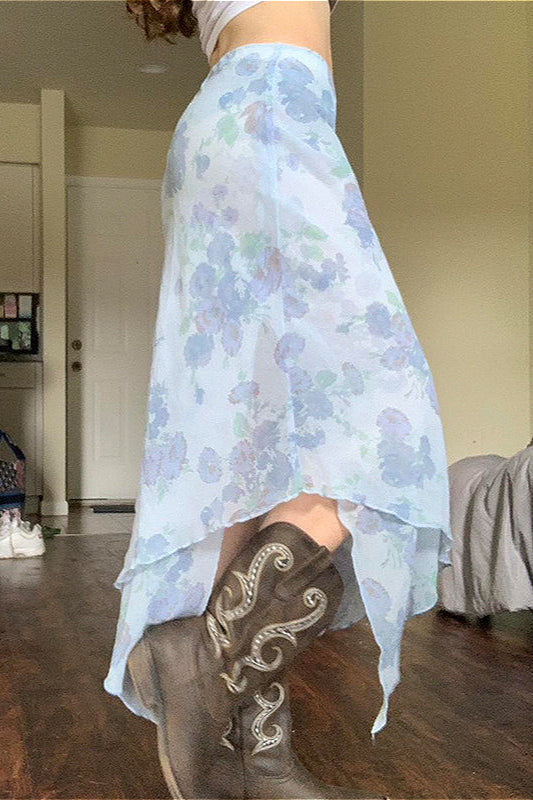 Asymmetrischer Rock mit Blumenmuster und Netzdetails in Blau