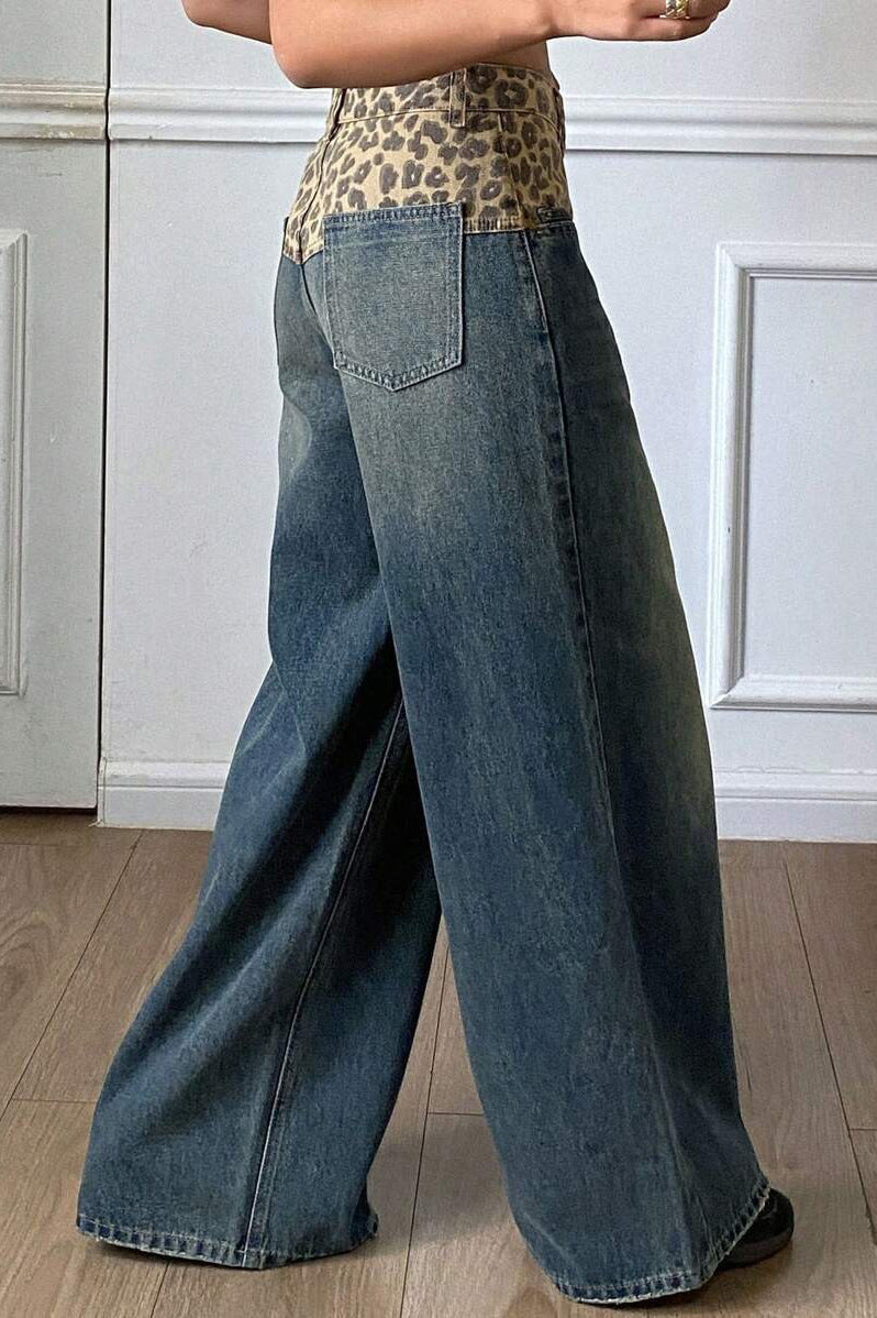 Jeans mit weitem Bein, Leopardenmuster und Patchwork
