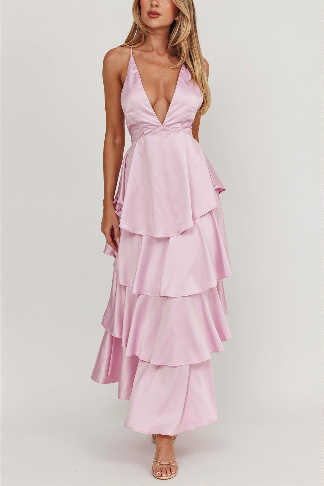 Maxikleid mit V-Ausschnitt und Satinoptik
