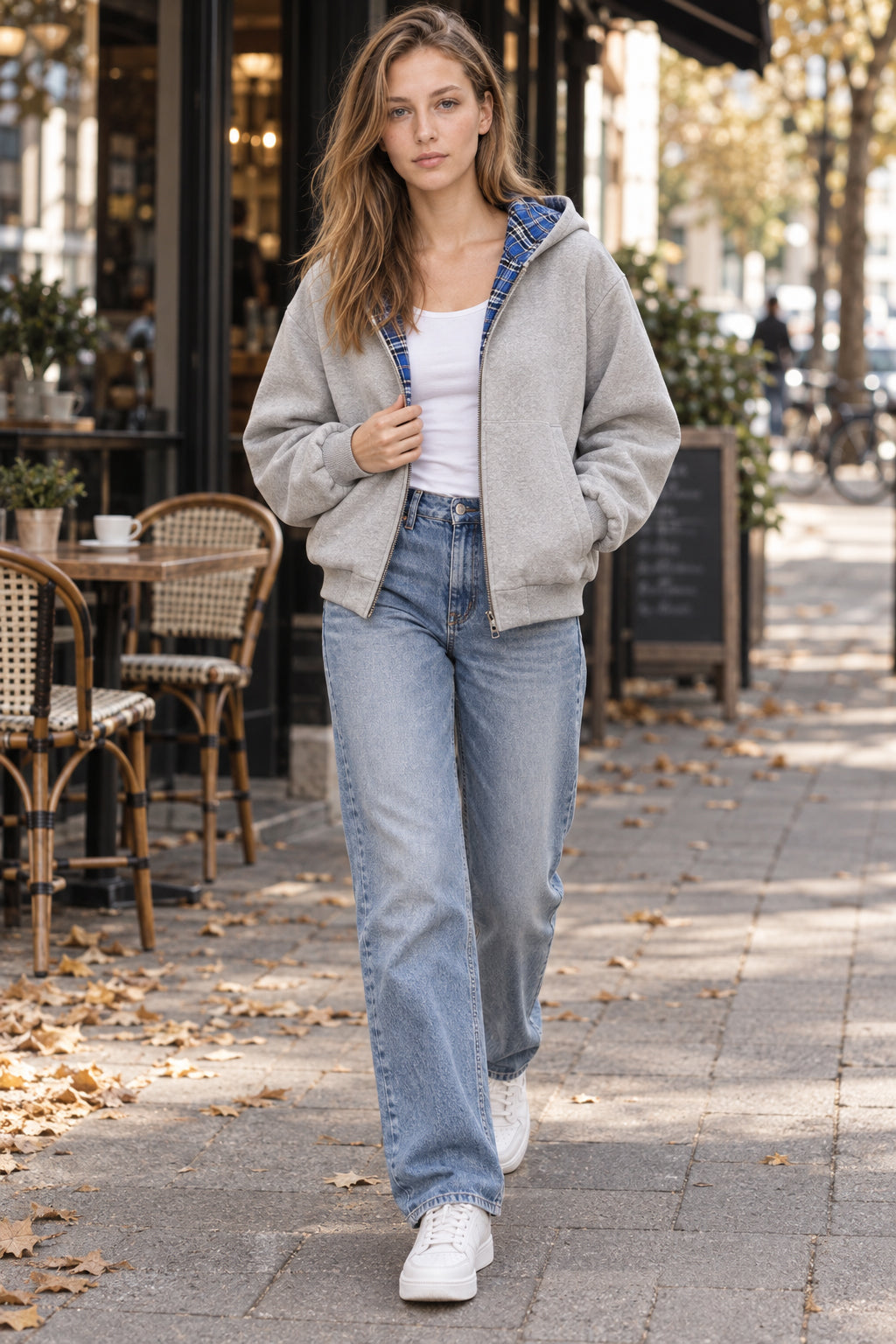 Hoodie mit Reißverschluss, Karomuster und Patchwork