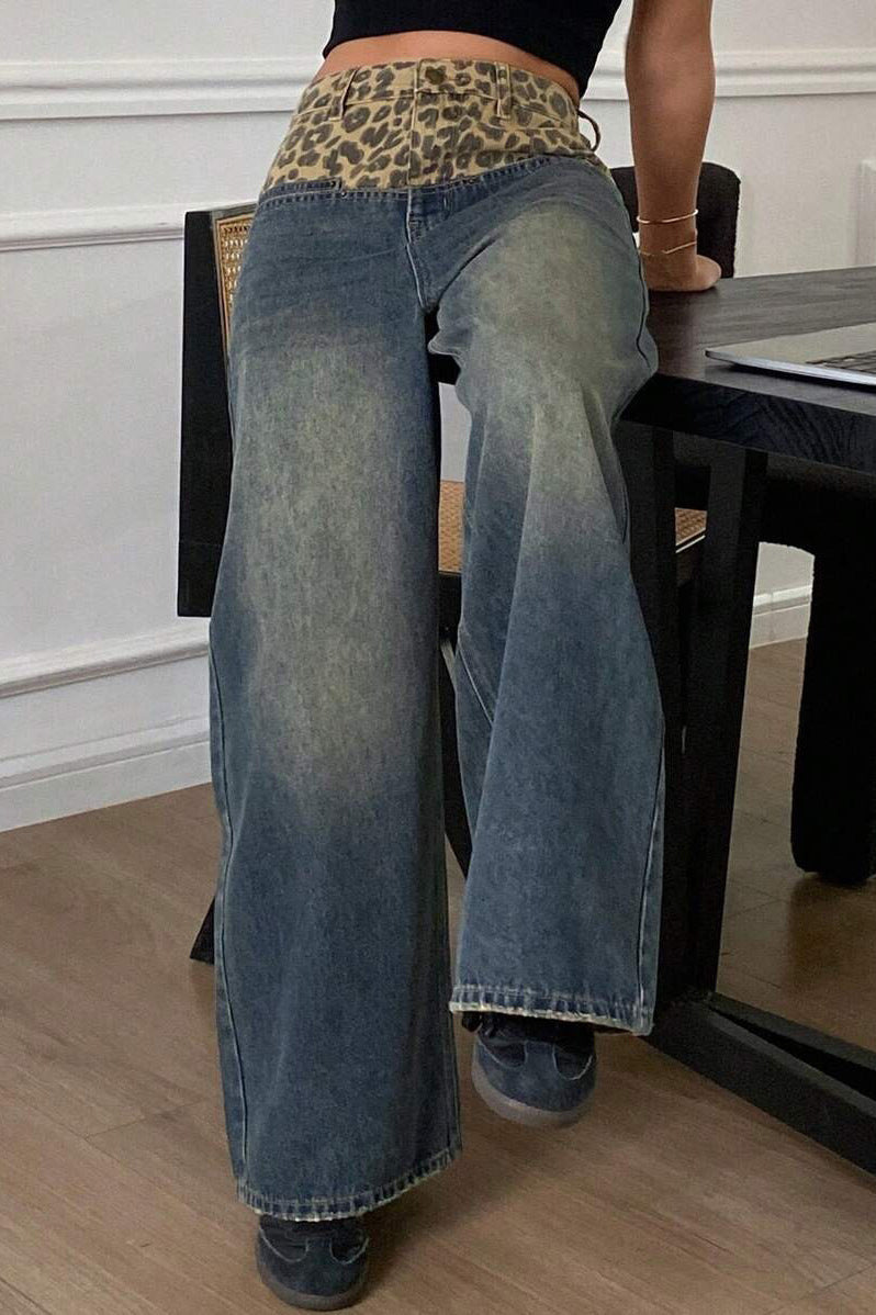 Jeans mit weitem Bein, Leopardenmuster und Patchwork