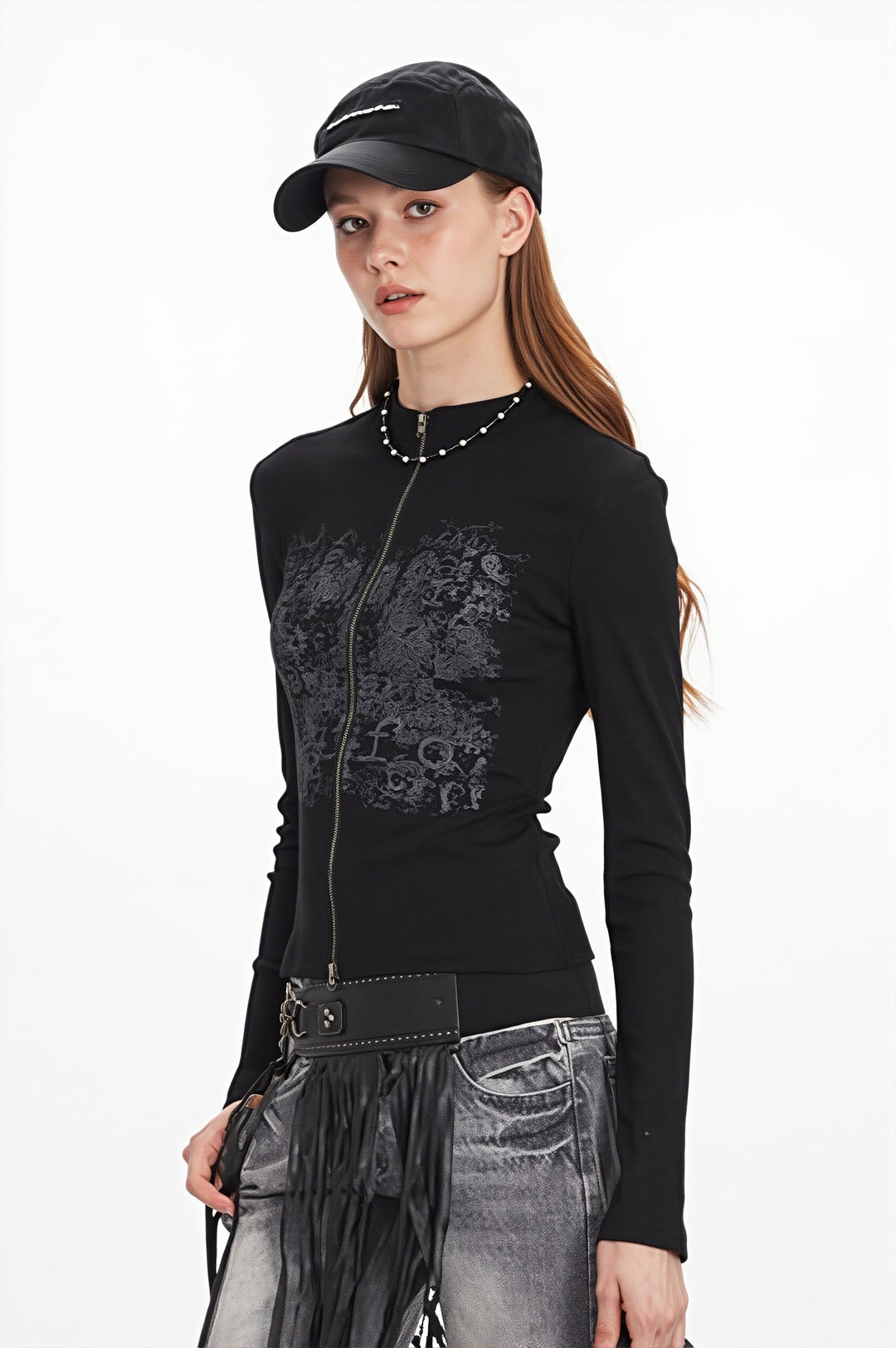 Figurbetontes Sweatshirt mit Reißverschluss und Grafikdruck