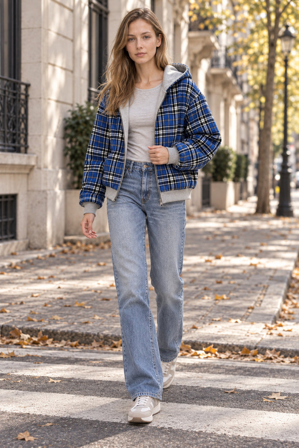 Hoodie mit Reißverschluss, Karomuster und Patchwork