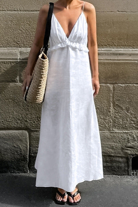 Locker geschnittenes Maxikleid mit V-Ausschnitt, Baumwolle und Leinen