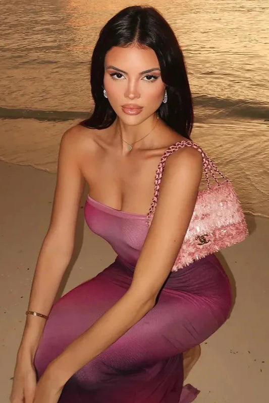 Trägerloses Maxikleid mit Druck in Lila Rosa