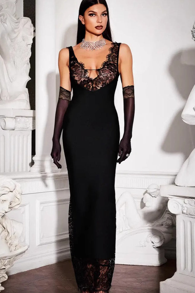Ärmelloses Maxikleid mit V-Ausschnitt, Patchwork und Spitze