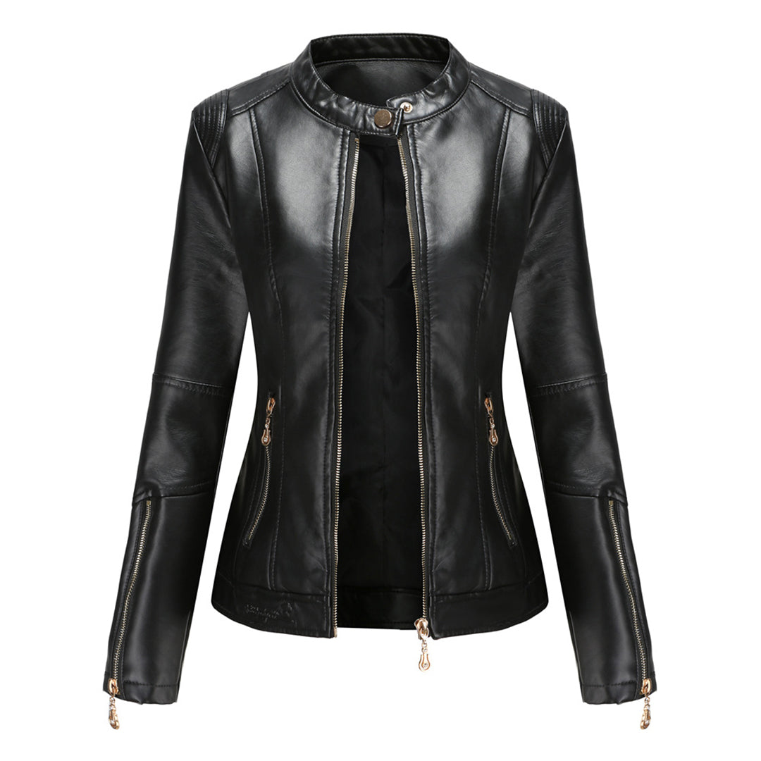 Elegante Lederjacke mit Rundhalsausschnitt und Knopfverschluss