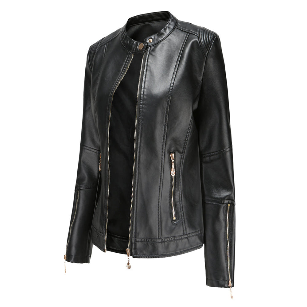 Elegante Lederjacke mit Rundhalsausschnitt und Knopfverschluss