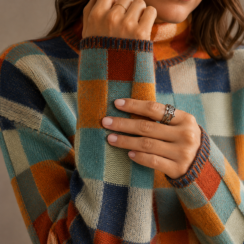 Strick-Rollkragenpullover mit buntem Karomuster