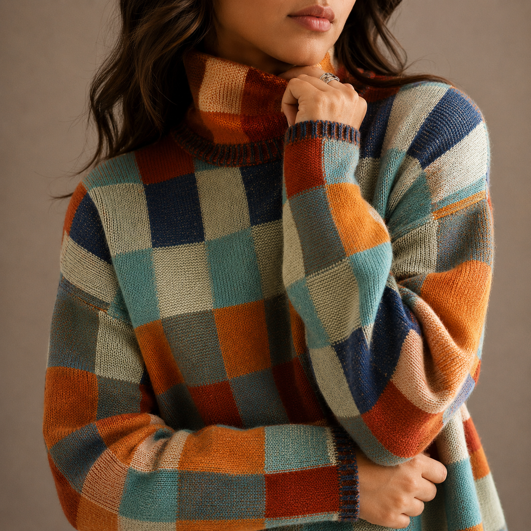 Strick-Rollkragenpullover mit buntem Karomuster