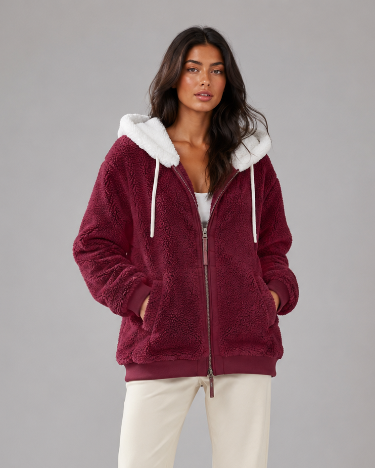 Teddyfleece-Jacke mit Kapuze und Reißverschluss vorne