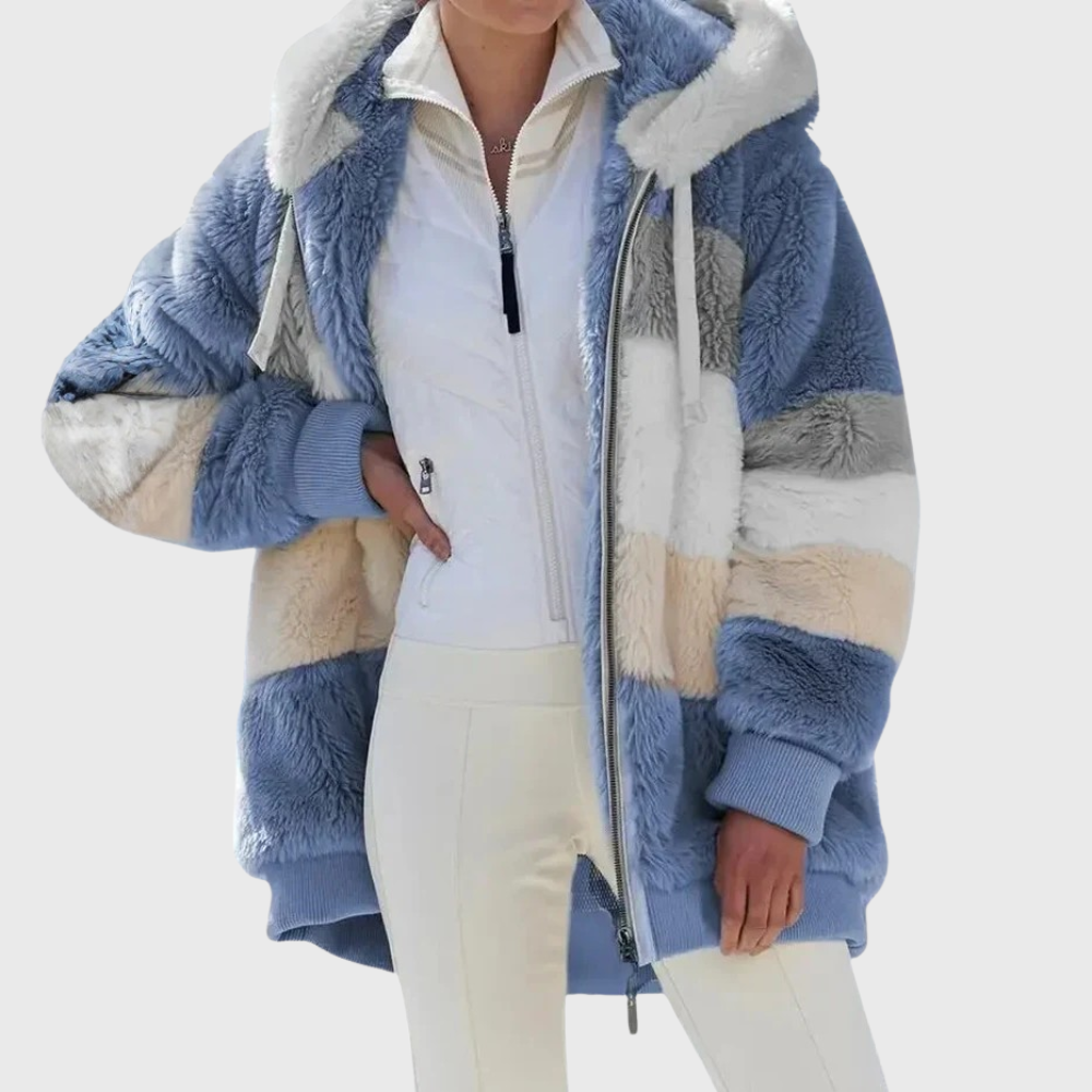 Teddyfleece-Jacke mit Kapuze, Blockfarben und Reißverschluss vorne