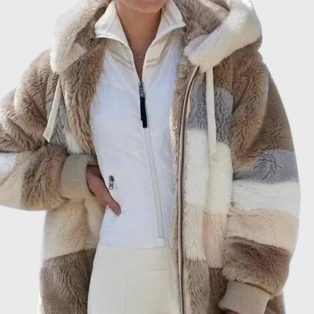 Teddyfleece-Jacke mit Kapuze, Blockfarben und Reißverschluss vorne