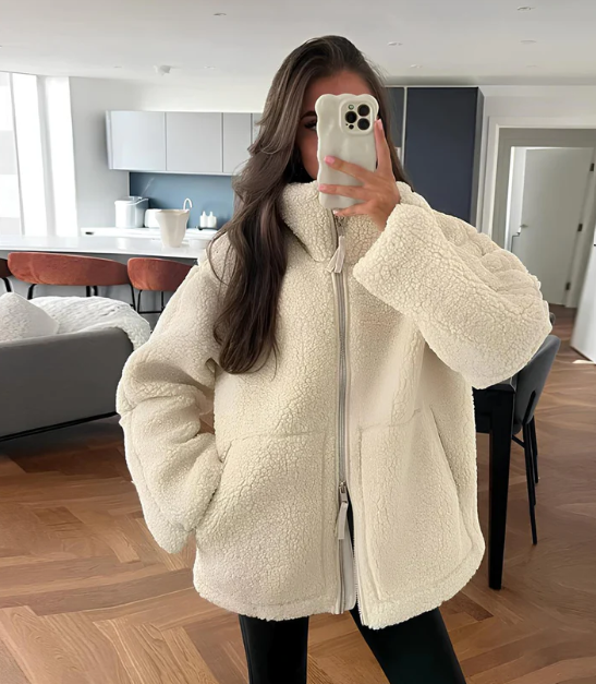 Oversize-Teddyfleecejacke mit Stehkragen und Reißverschluss vorne