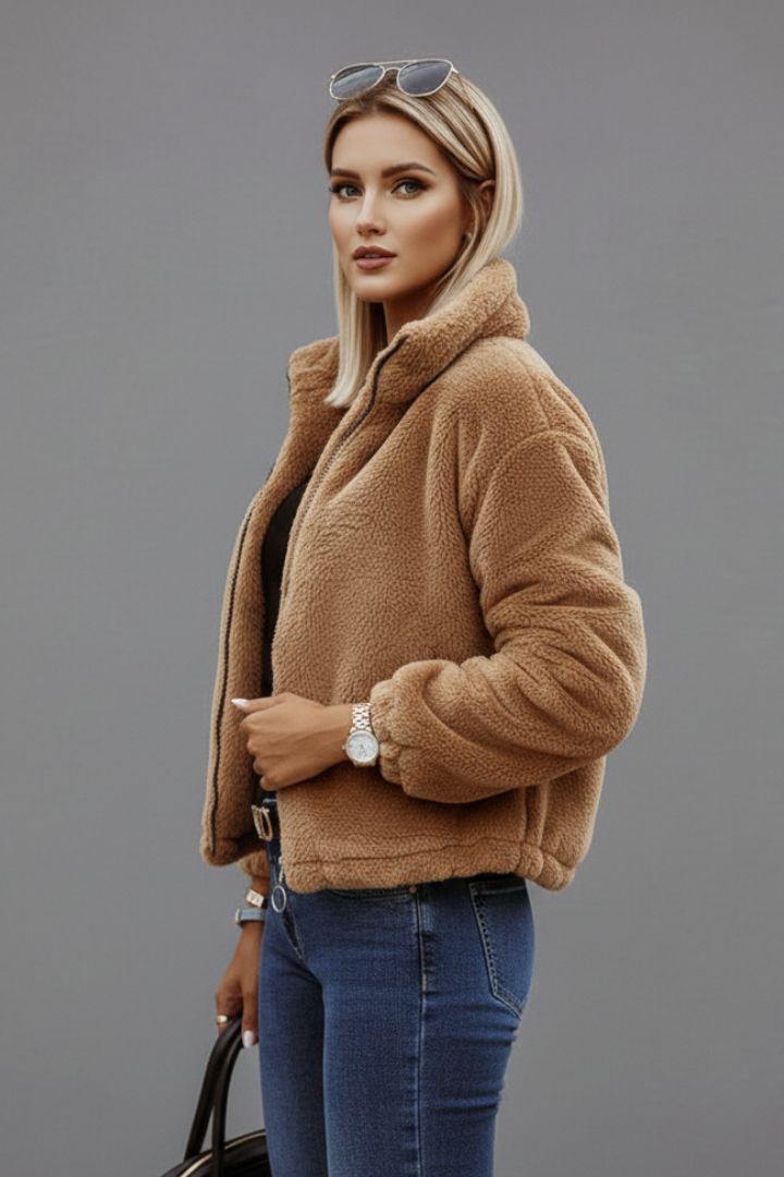 Teddyfleece-Jacke mit Stehkragen und Reißverschluss vorne