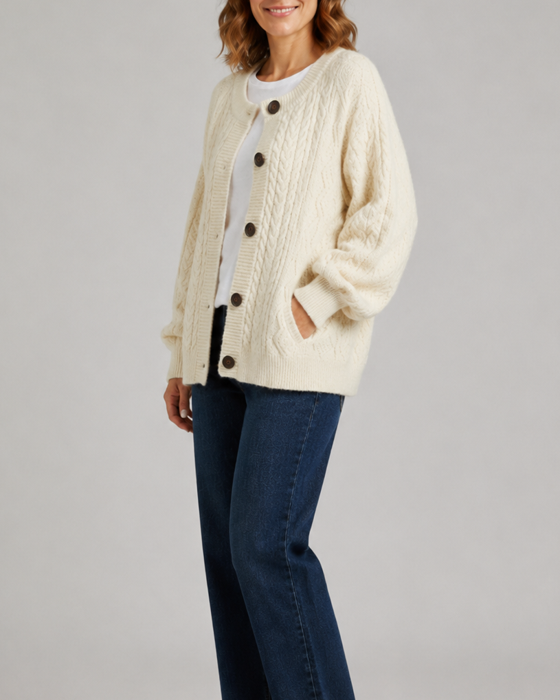 Zopfmuster-Strickjacke mit Knopfleiste und Rundhalsausschnitt