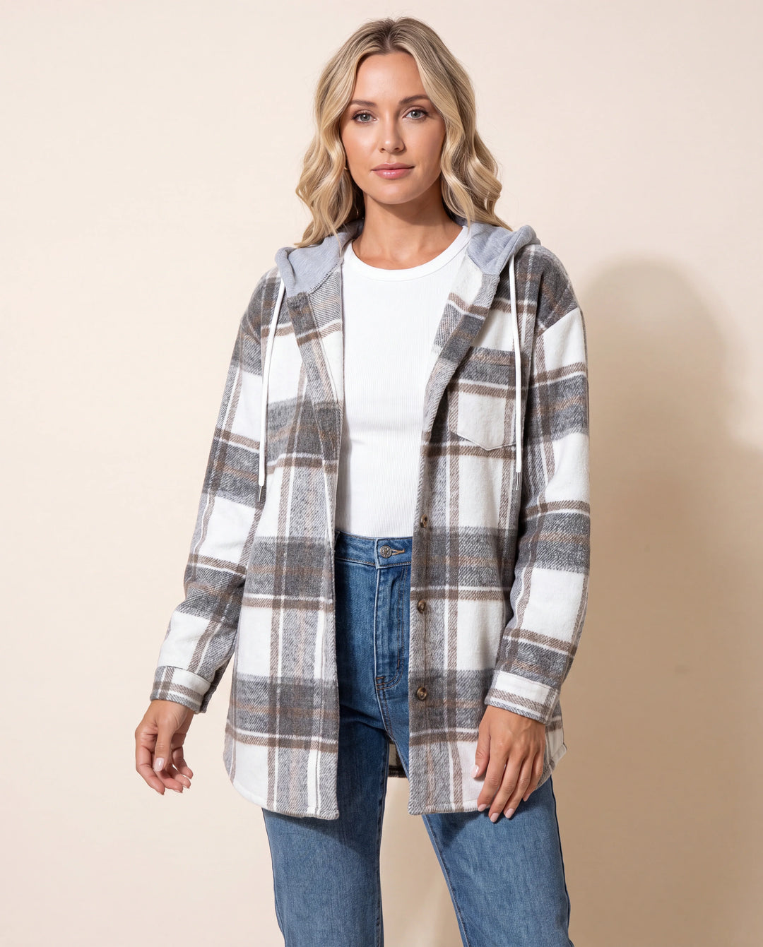 Karierte Hemdjacke mit Kapuze und Knopfleiste