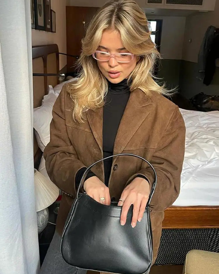 Brauner Oversize-Blazer in Wildlederoptik mit Knopfleiste