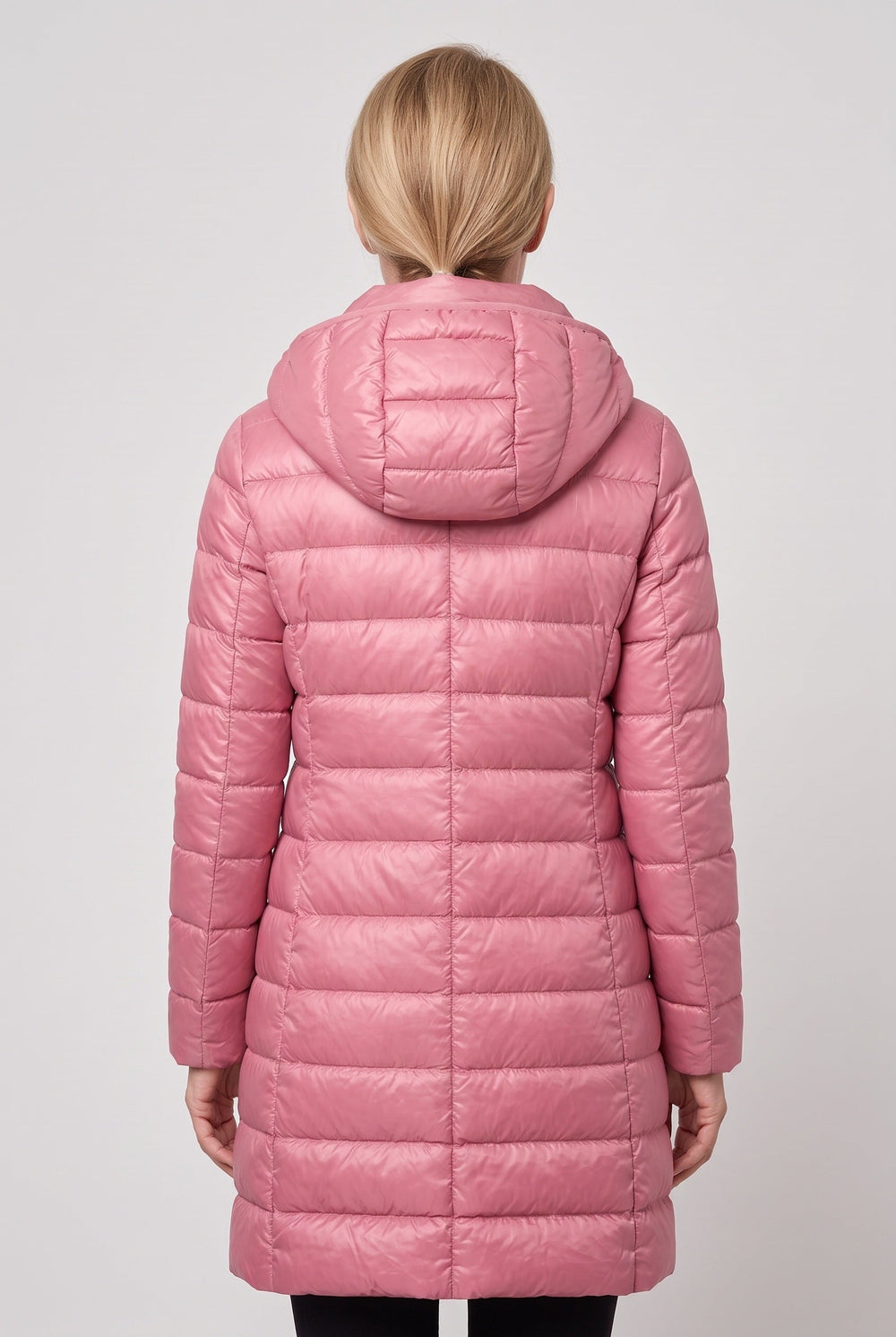 Lange Steppjacke mit Kapuze und Reißverschluss vorne