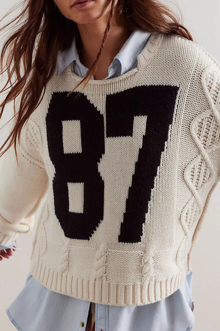 Locker geschnittener Pullover mit Farbblockmuster, Druck und Strickstruktur