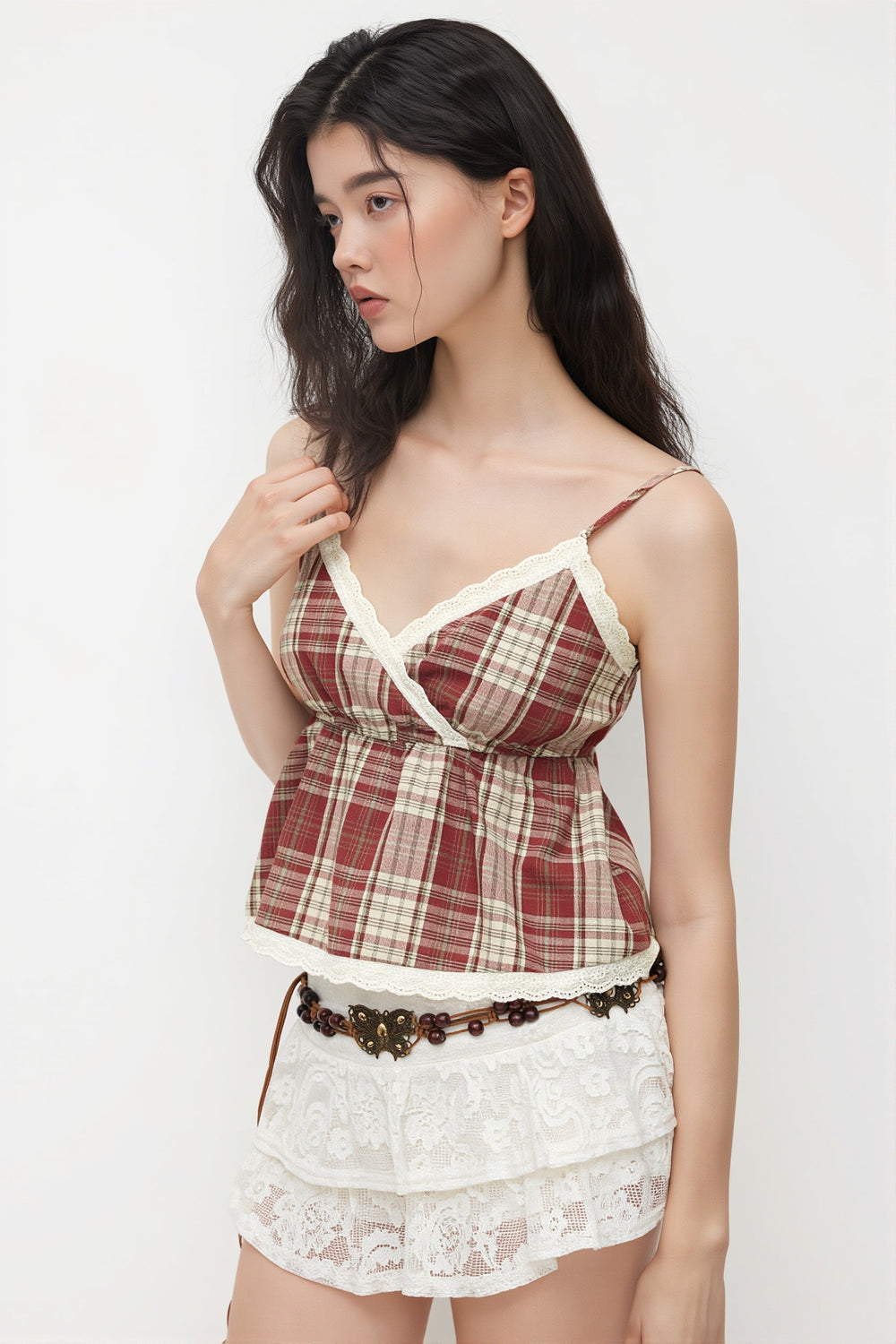 Tanktop mit Neckholder, Karomuster und Spitze
