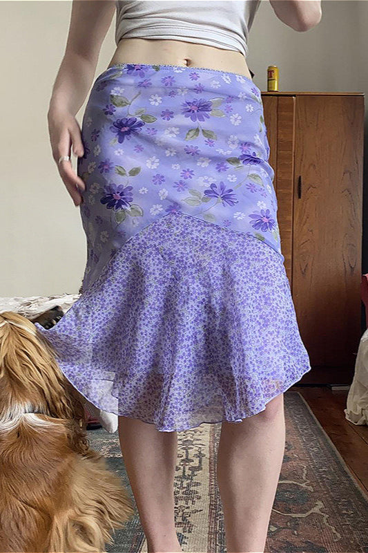 Asymmetrischer Rock mit hoher Taille, Blumenmuster und Patchwork