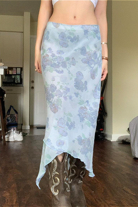 Asymmetrischer Rock mit Blumenmuster und Netzdetails in Blau