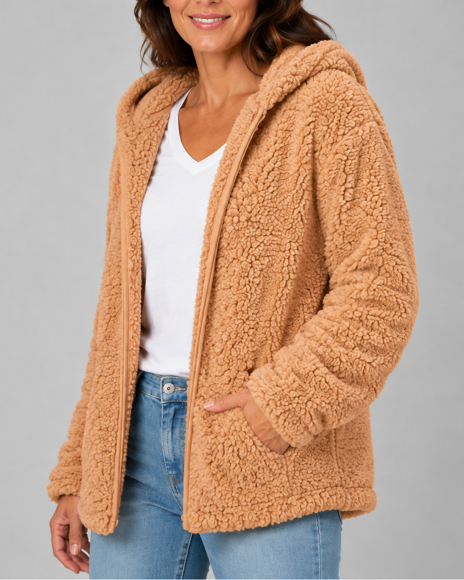 Teddyfleece-Jacke mit Kapuze und Reißverschluss