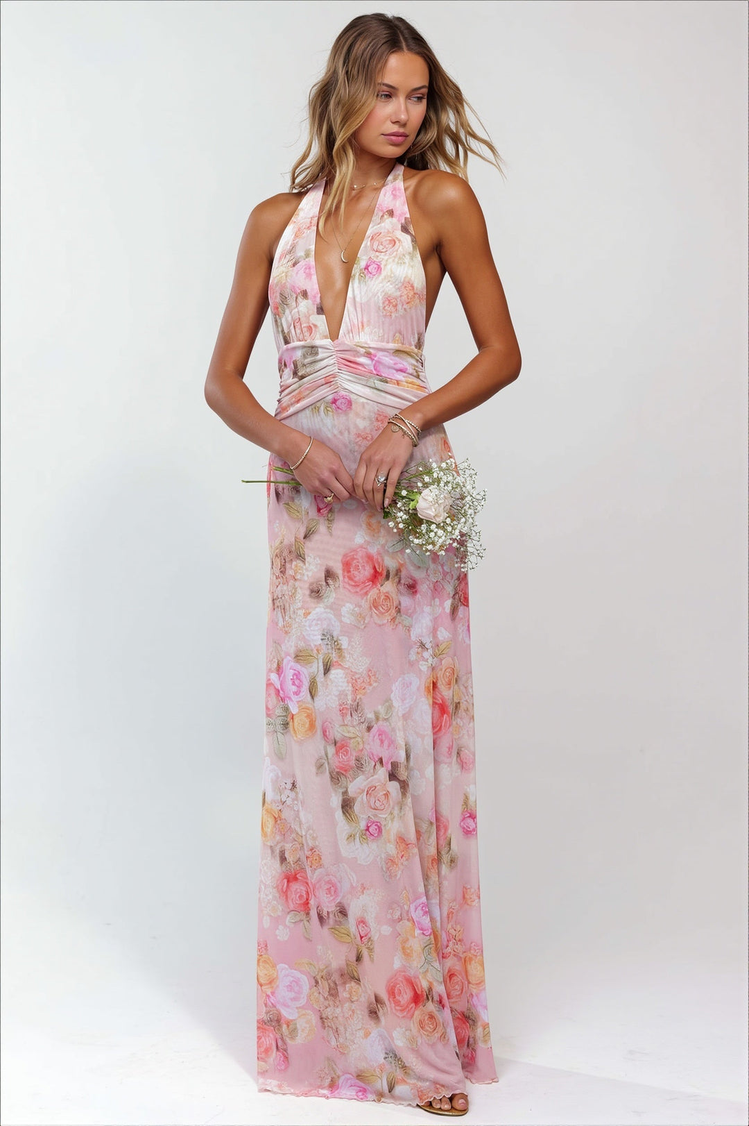 Rückenfreies Maxikleid mit Neckholder und Druck in Rosa