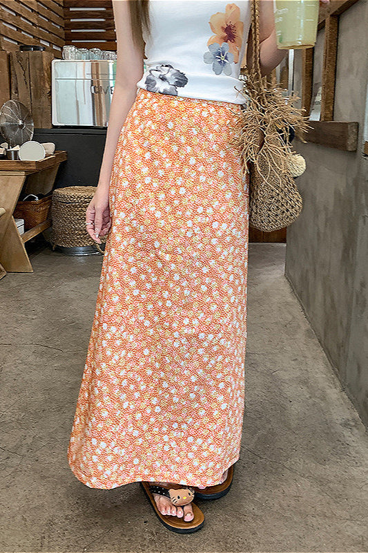 Midirock mit A-Linie und Blumenmuster in Orange