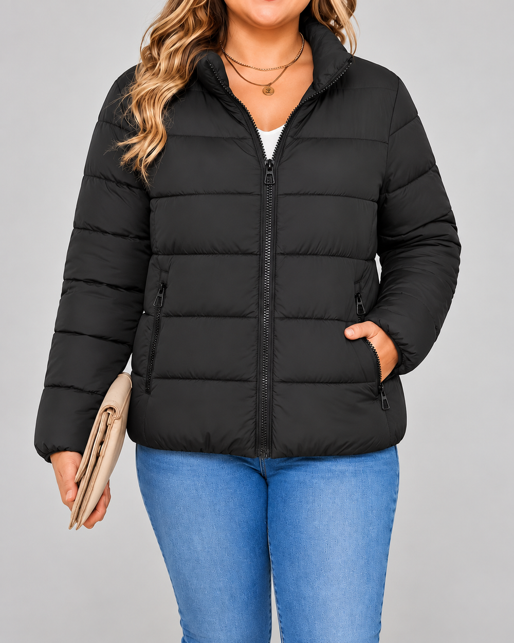 Steppjacke mit Reißverschlusstaschen und Stehkragen