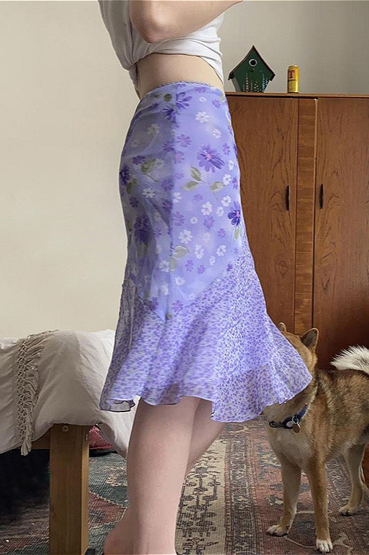 Asymmetrischer Rock mit hoher Taille, Blumenmuster und Patchwork