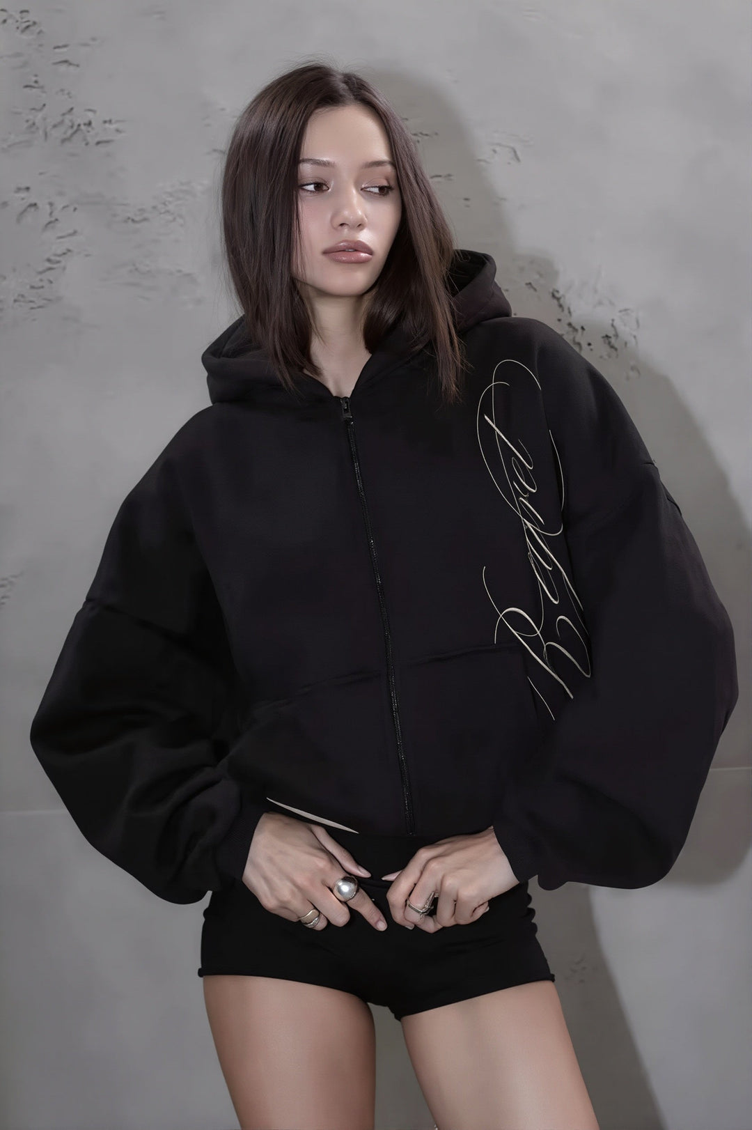 Hoodie mit Reißverschluss, Schriftprint und Grafikdruck