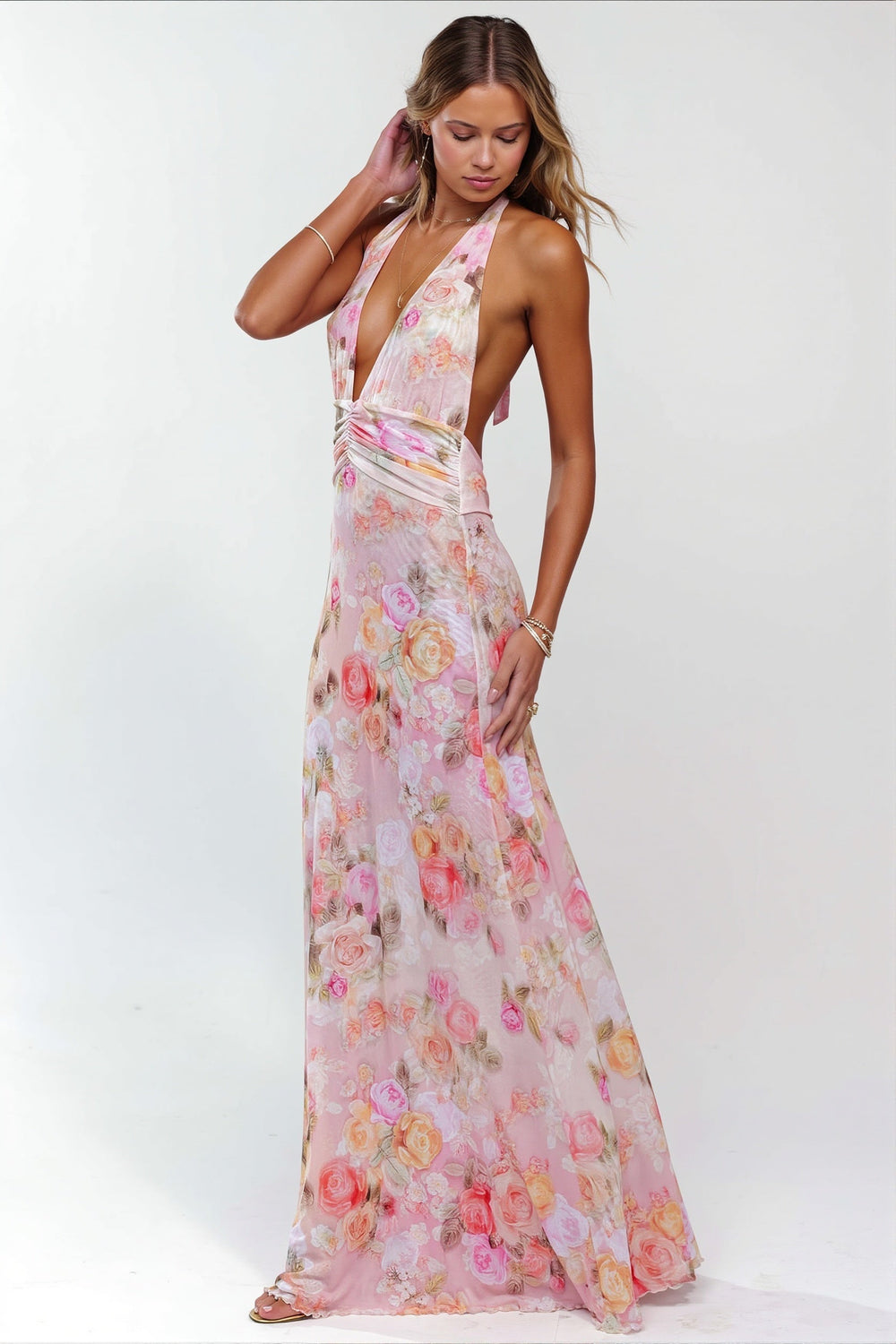 Rückenfreies Maxikleid mit Neckholder und Druck in Rosa