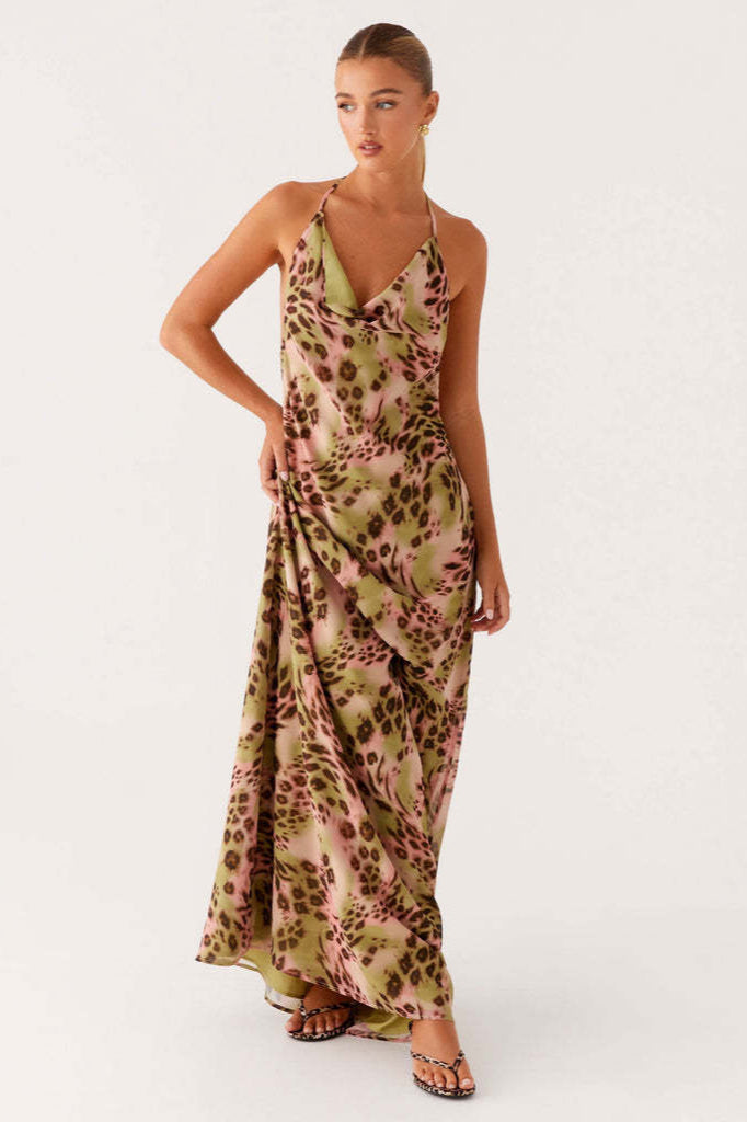 Maxikleid mit V-Ausschnitt und Leopardenmuster