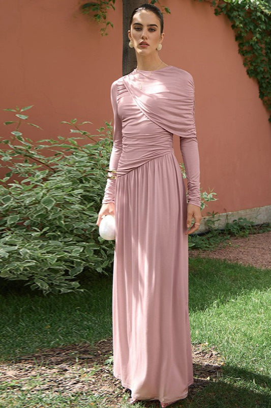 Maxikleid mit langen Ärmeln, hoher Taille und Raffung