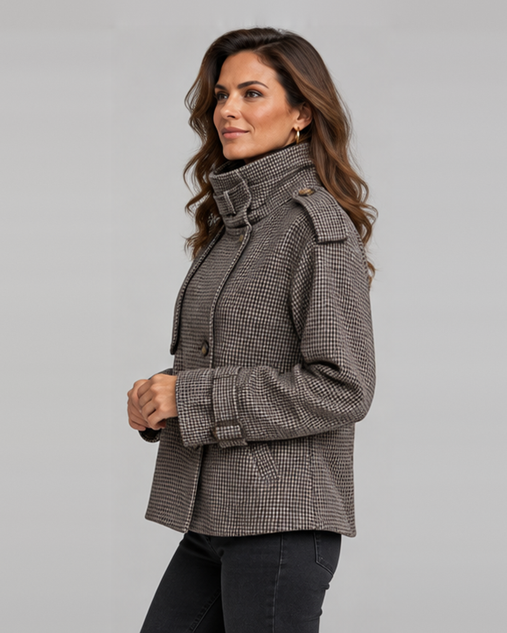 Tweedjacke mit Hahnentrittmuster, zweireihiger Knopfleiste und Gürtel
