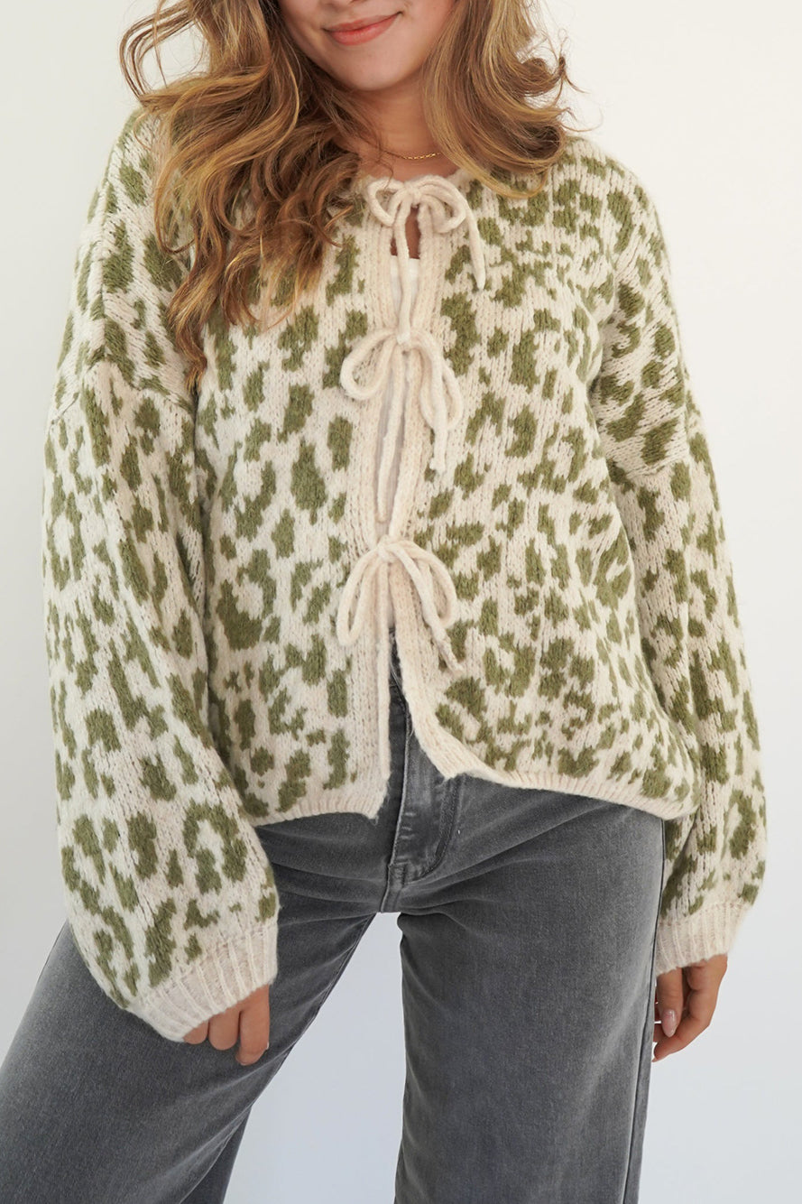 Strickjacke mit Bindedetail, Leopardenmuster und Strickstruktur
