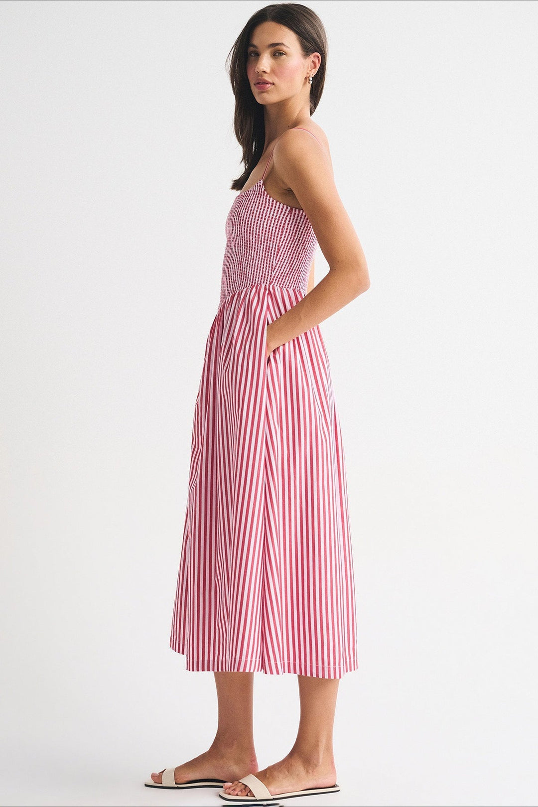 Midikleid mit A-Linie, Taschen und Streifenmuster