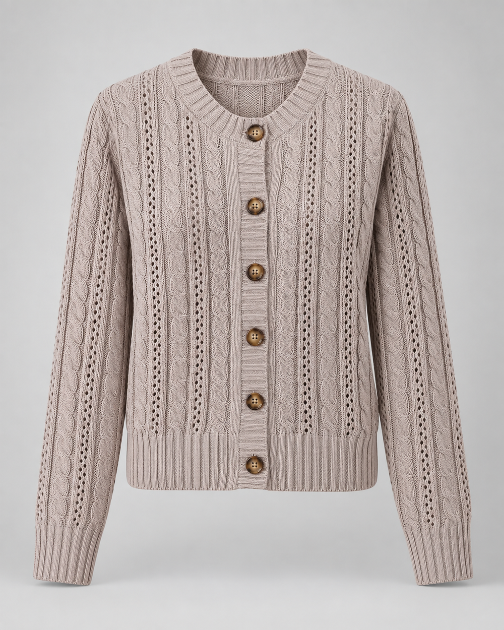 Zopfmuster-Cardigan mit Rundhalsausschnitt und Knopfleiste